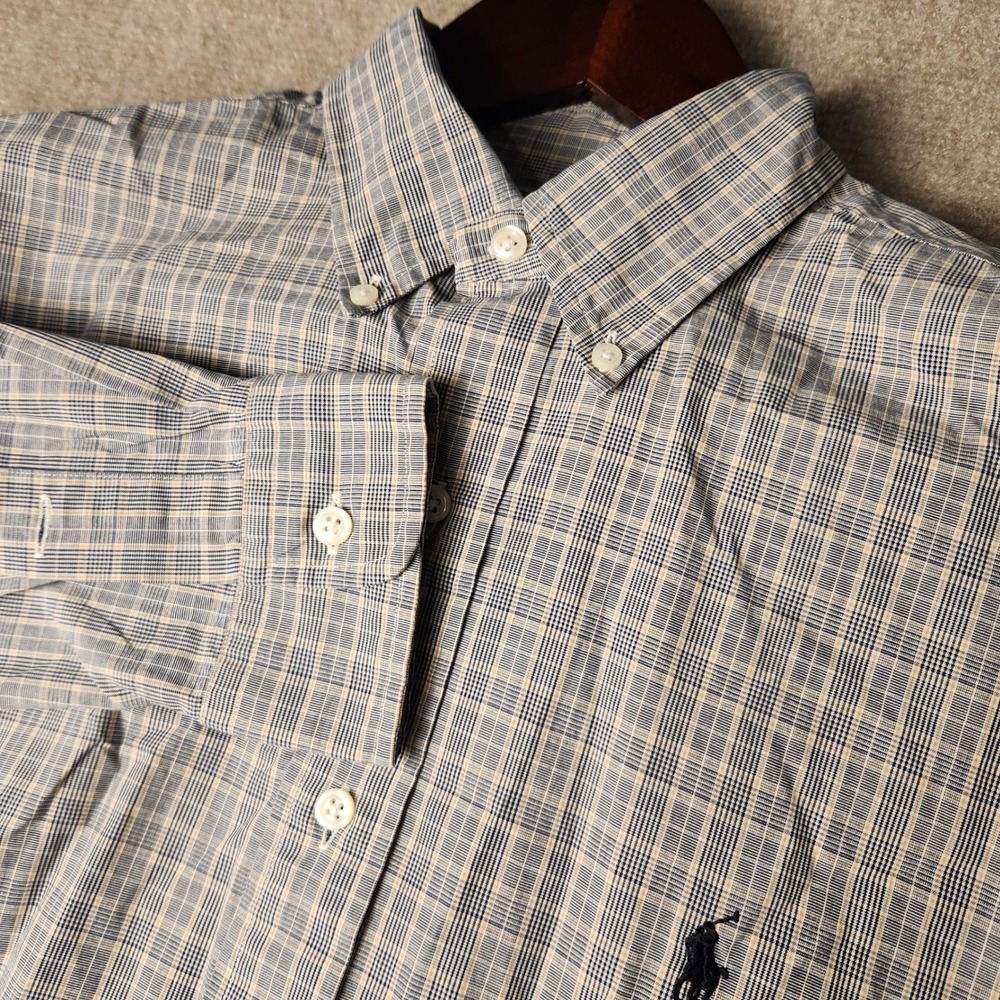 Ralph Lauren Button Down Mens M Blue Tan Plaid Blake‎ 100% Two-Ply Cotton Shirt